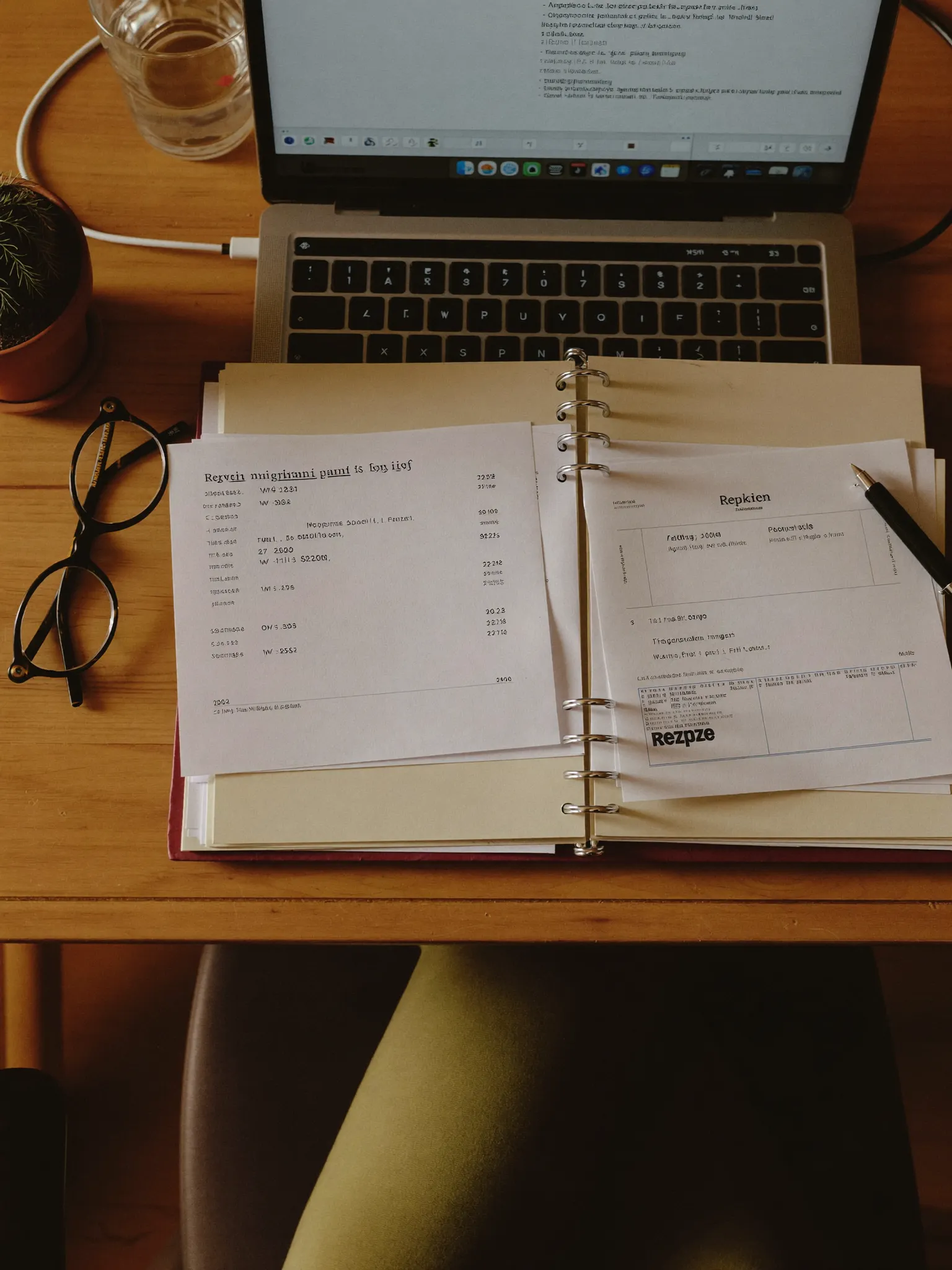 Top-down-Aufnahme eines Schreibtisches mit Laptop, Abrechnungsunterlagen, Füllfederhalter und Lesebrille im warmen Nachmittagslicht
